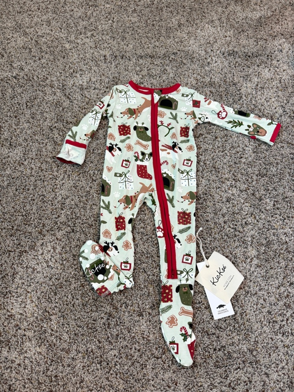 NWT KicKee Pants Bamboo Footie with 2-Way Zipper (Aloe Christmas Dogs) 6-9M